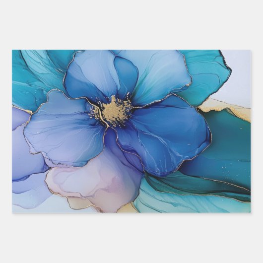 Gold Blue Aqua Lila Blume Brautparty Geschenkpapier Set (Vorderseite 2)