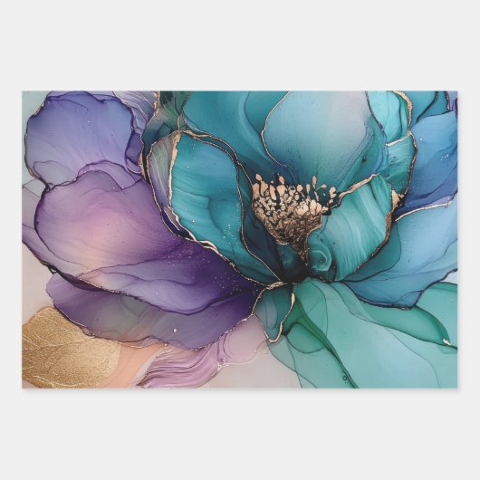 Gold Blue Aqua Lila Blume Brautparty Geschenkpapier Set (Vorderseite)