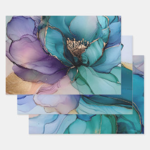 Gold Blue Aqua Lila Blume Brautparty Geschenkpapier Set