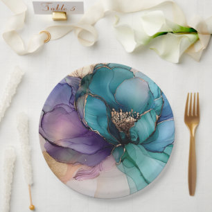 Gold Blue Aqua Lila Blume Brautparty Pappteller