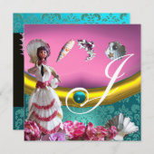 GOLD BLUE AQUAMARINE DAMASK BEACH WEDDER MONOGRAM EINLADUNG (Vorne/Hinten)