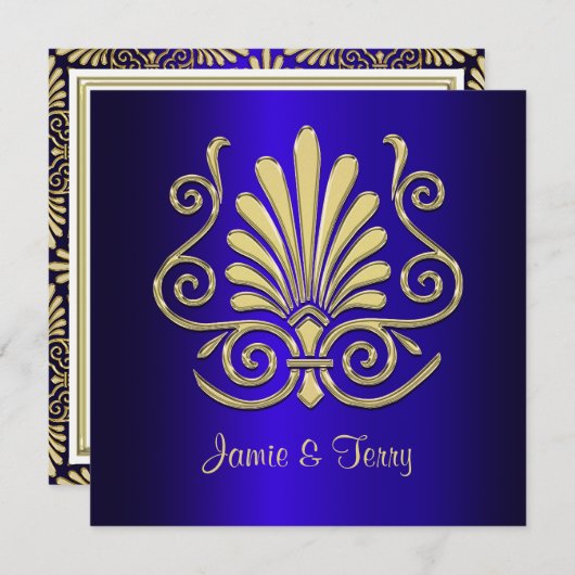 Gold Blue Art Deco Damask Einladung 2 (Vorne/Hinten)