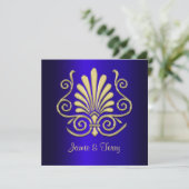 Gold Blue Art Deco Damask Einladung 2 (Stehend Vorderseite)