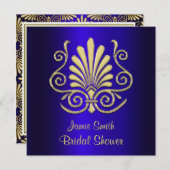 Gold & Blue Art Deco Deko Damask Brautparty 2 Einladung (Vorne/Hinten)
