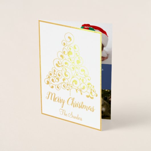 Gold Blue Christmas Tree Holiday Foto Collage Folienkarte (Vorderseite)