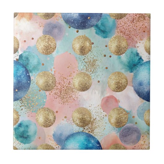 Gold & Blue Circle Muster mit Glitzer Akzenten Fliese (Vorderseite)