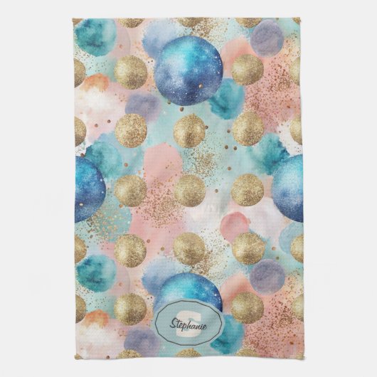 Gold & Blue Circle Muster mit Glitzer Akzenten Geschirrtuch (Vertikal)