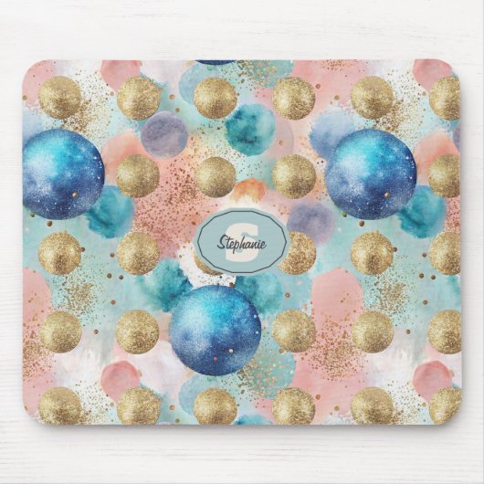 Gold & Blue Circle Muster mit Glitzer Akzenten Mousepad (Vorne)