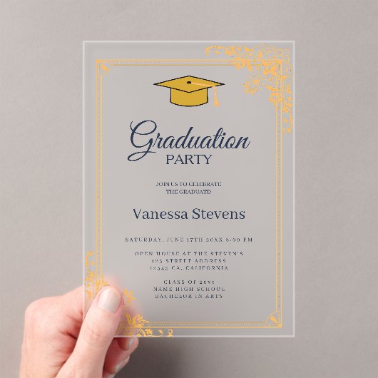 Gold Blue Classic Graduation Cap Party Acryleinladungen (Insitu (Handheld))