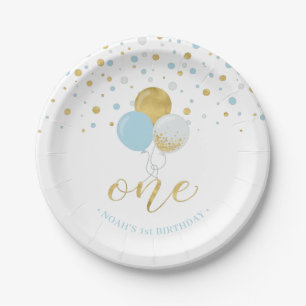 Gold & Blue Confetti Balloons 1. Geburtstag Party Pappteller