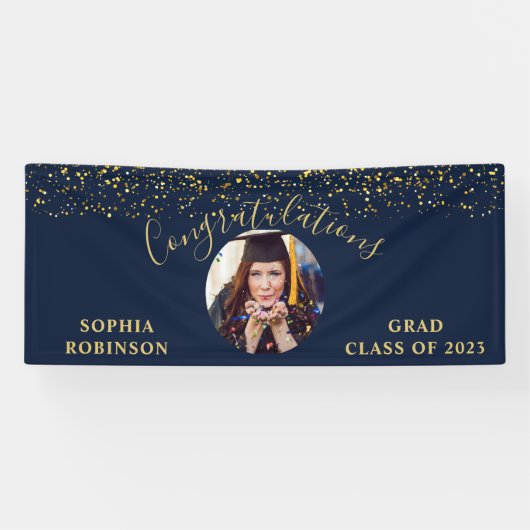 Gold Blue Custom Foto Graduation Party Banner (Horizontal)
