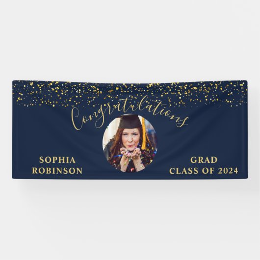 Gold Blue Custom Foto Graduation Party Banner (Horizontal)