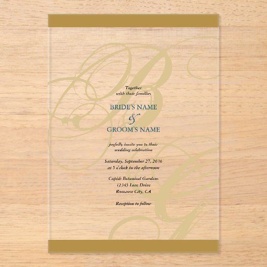 Gold Blue Elegant Script Monogram Wedding Acryleinladungen (Vorderseite)