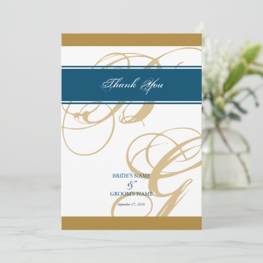 Gold Blue Elegant Script Monogram Wedding Dankeskarte (Stehend Vorderseite)