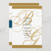 Gold Blue Elegant Script Monogram Wedding Einladung (Vorne/Hinten)