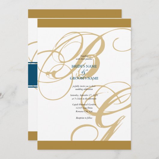 Gold Blue Elegant Script Monogram Wedding Einladung (Vorne/Hinten)