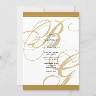 Gold Blue Elegant Script Monogram Wedding Einladung