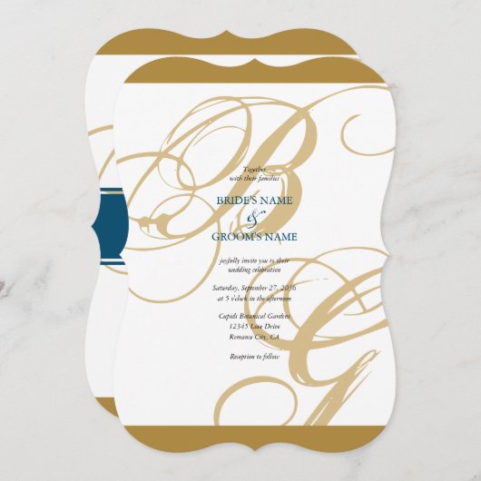 Gold Blue Elegant Script Monogram Wedding Einladung (Vorne/Hinten)