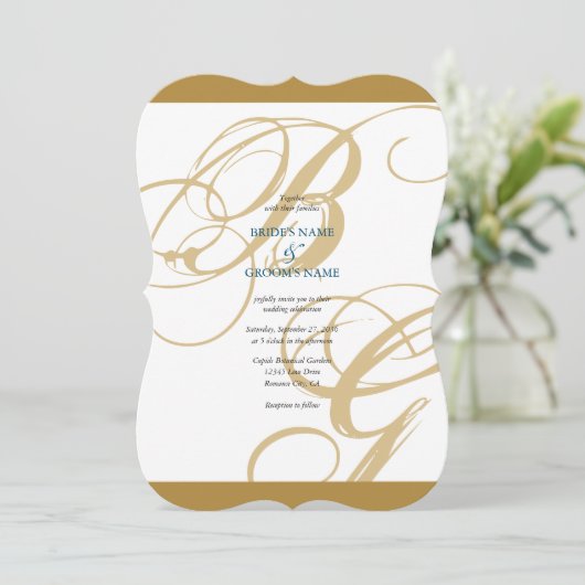 Gold Blue Elegant Script Monogram Wedding Einladung (Stehend Vorderseite)