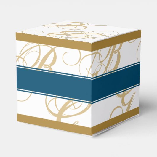 Gold Blue Elegant Script Monogram Wedding Geschenkschachtel (Rückseite)