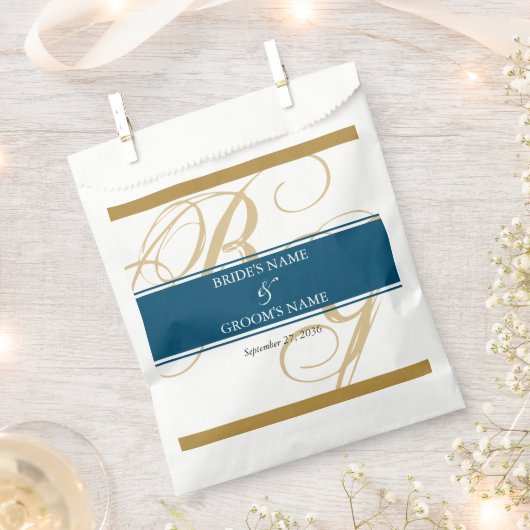 Gold Blue Elegant Script Monogram Wedding Geschenktütchen (Ausgeschnitten)