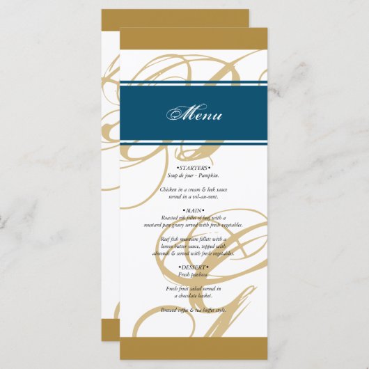 Gold Blue Elegant Script Monogram Wedding Menükarte (Vorne/Hinten)