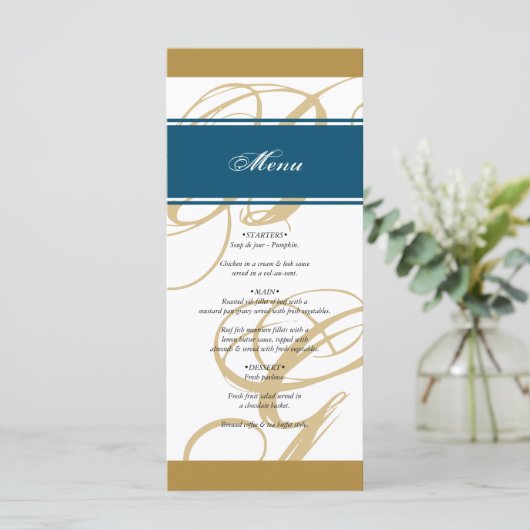 Gold Blue Elegant Script Monogram Wedding Menükarte (Stehend Vorderseite)
