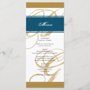 Gold Blue Elegant Script Monogram Wedding Menükarte