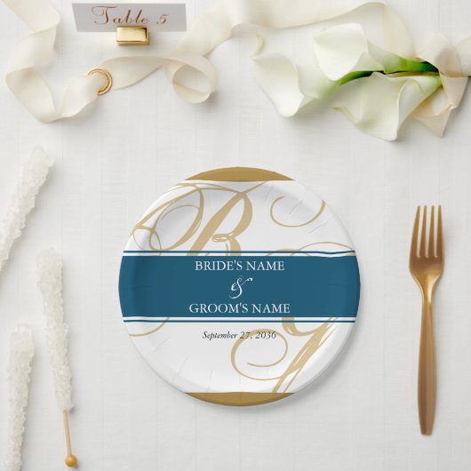 Gold Blue Elegant Script Monogram Wedding Pappteller (Hochzeit)