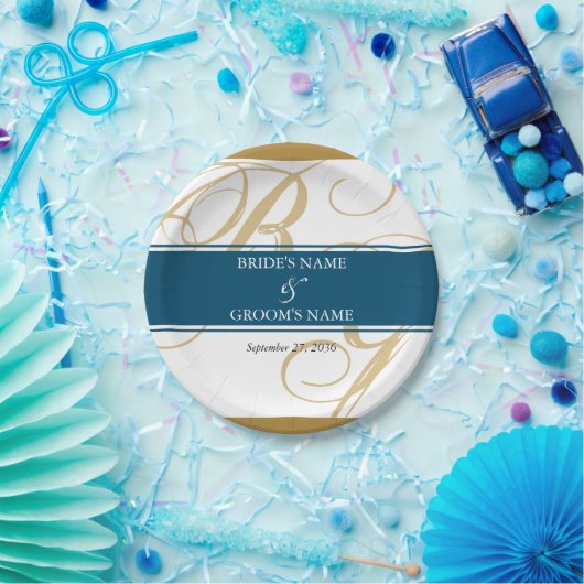 Gold Blue Elegant Script Monogram Wedding Pappteller (Party)
