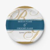 Gold Blue Elegant Script Monogram Wedding Pappteller (Vorderseite)