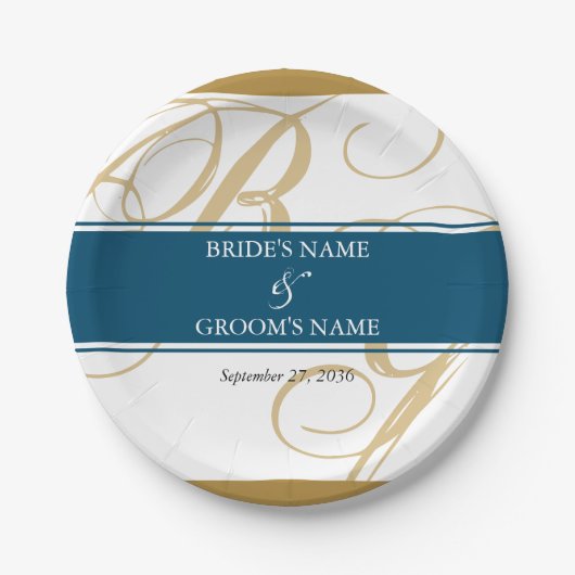 Gold Blue Elegant Script Monogram Wedding Pappteller (Vorderseite)