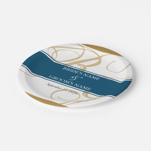 Gold Blue Elegant Script Monogram Wedding Pappteller (Schrägansicht)
