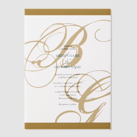 Gold Blue Elegant Script Monogram Wedding Pergament Einladungen (Vorderseite)
