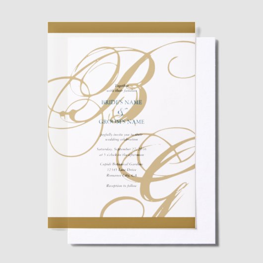 Gold Blue Elegant Script Monogram Wedding Pergament Einladungen (Versetzt)