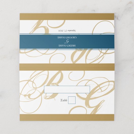 Gold Blue Elegant Script Monogram Wedding Platzkarte (Außenseite Aufgefaltet)