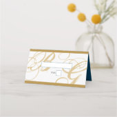Gold Blue Elegant Script Monogram Wedding Platzkarte (Vorderseite)