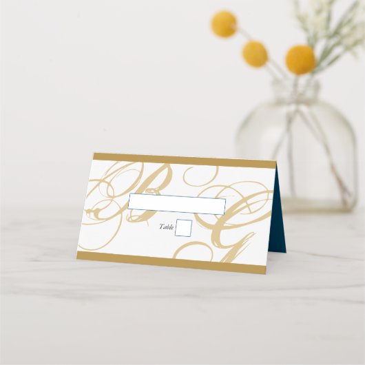Gold Blue Elegant Script Monogram Wedding Platzkarte (Vorderseite)