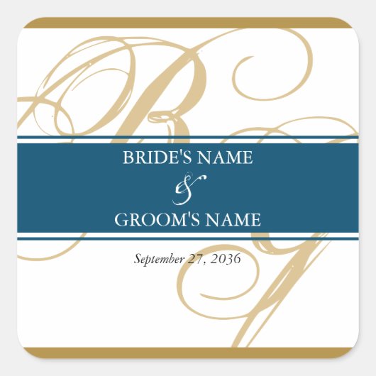 Gold Blue Elegant Script Monogram Wedding Quadratischer Aufkleber (Vorderseite)