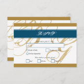 Gold Blue Elegant Script Monogram Wedding RSVP Karte (Vorne/Hinten)