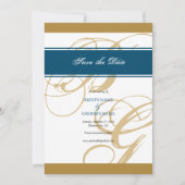 Gold Blue Elegant Script Monogram Wedding Save The Date (Vorderseite)