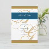 Gold Blue Elegant Script Monogram Wedding Save The Date (Stehend Vorderseite)