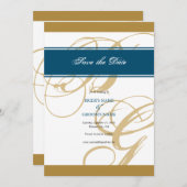 Gold Blue Elegant Script Monogram Wedding Save The Date (Vorne/Hinten)