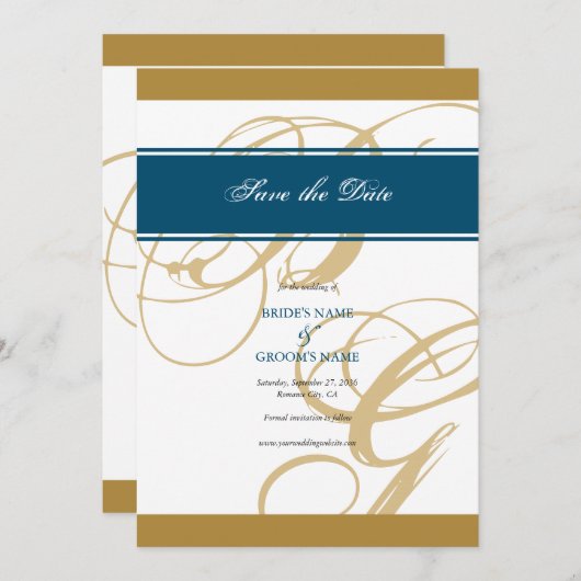 Gold Blue Elegant Script Monogram Wedding Save The Date (Vorne/Hinten)