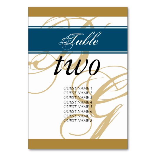Gold Blue Elegant Script Monogram Wedding Tischnummer (Rückseite)