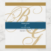 Gold Blue Elegant Script Monogram Wedding Weinetikett (Einzelnes Label)