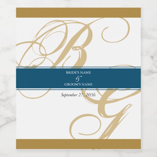 Gold Blue Elegant Script Monogram Wedding Weinetikett (Einzelnes Label)