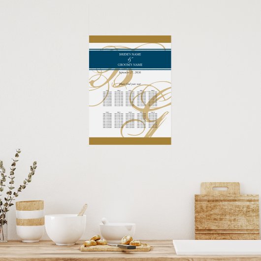 Gold Blue Elegante Monogram Seating Chart Poster (Küche)