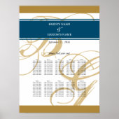 Gold Blue Elegante Monogram Seating Chart Poster (Vorne)