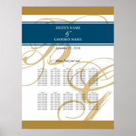 Gold Blue Elegante Monogram Seating Chart Poster